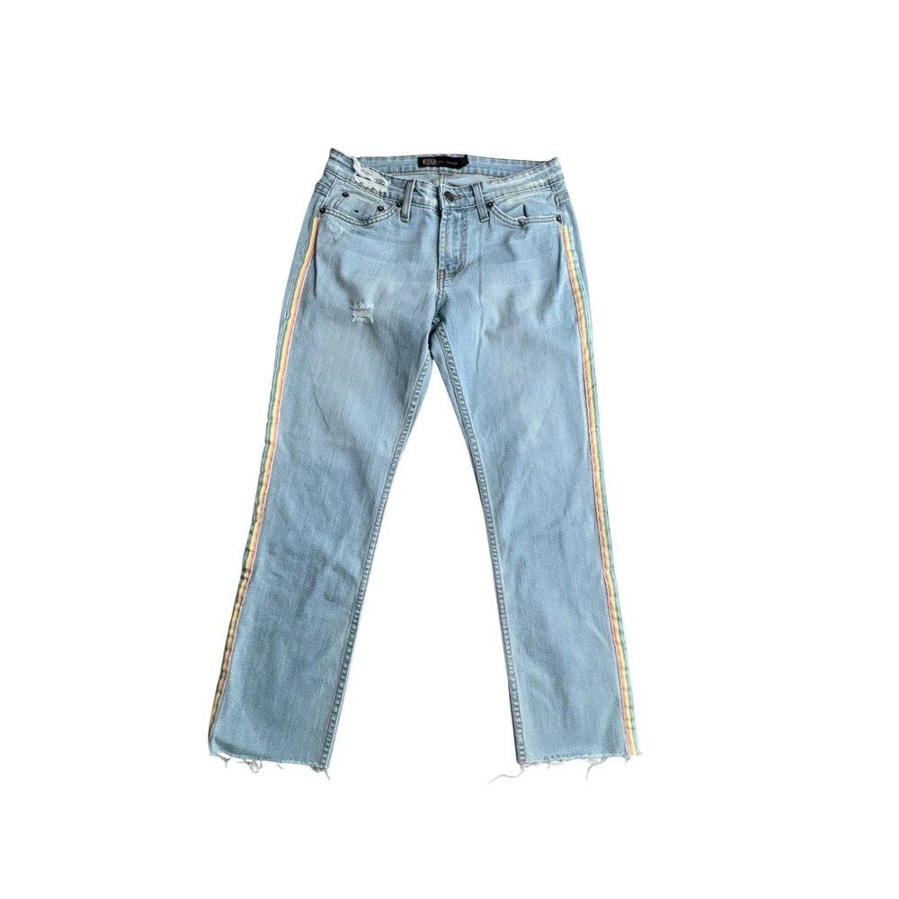 JET John Eshaya Jeans Rainbow Stripe‎ Raw Hem Distressed Light Wash Denim